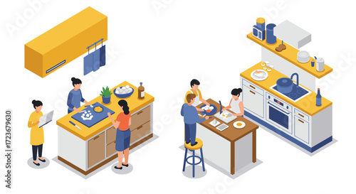 Isometric kitchen scene: family cooking together and preparing meals