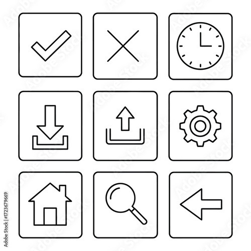 Clean and simple line art icons set with checkmark x clock download upload gear house magnifier arrow