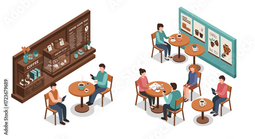 Isometric coffee shop scene with customers relaxing and chatting