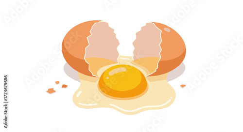 Cracked egg with yolk in flat style on white background