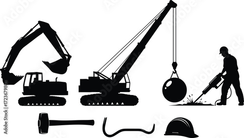 Construction silhouette set with excavator, crane, jackhammer worker, sledgehammer, crowbar, and safety helmet in black for site themes