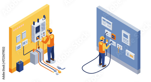 Electricians using control panels and equipment in isometric style
