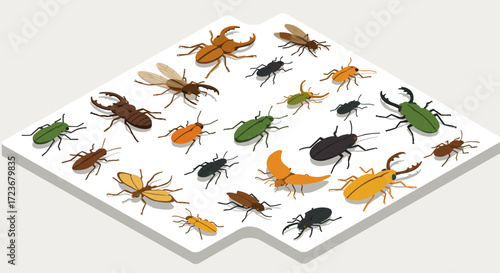 Isometric collection of colorful beetles on a white surface