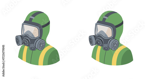 Isometric two personas in hazmat suits with gas masks on white background
