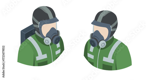 Isometric hazmat workers with protective gear facing each other on white background