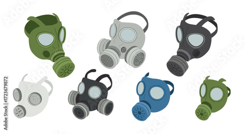 Colorful collection of isometric gas masks in various styles and colors