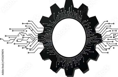 Black gear with integrated circuit board pattern and electronic traces, symbolizing the fusion of mechanical and digital technology.