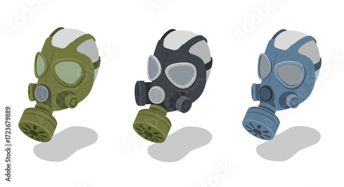 Set of colorful 3d gas masks with shadow in different designs