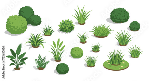 Collection of lush green isometric bushes and plants on white background