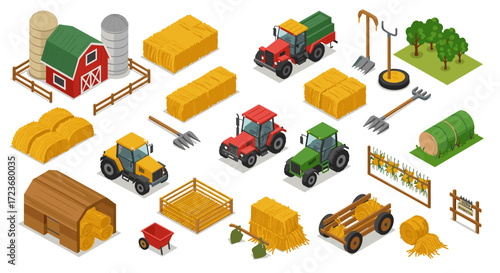 Isometric farm equipment and structures with tractors and hay bales