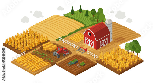 Isometric farm scene with red barn, fields, and tractor in harvest setting