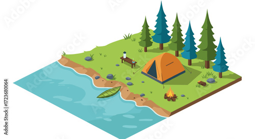 Tranquil isometric campsite with tent and campfire by riverside in forest