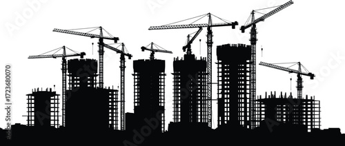 Urban construction site silhouette with high-rise buildings, tower cranes, scaffolding, and framework in black for development and engineering themes