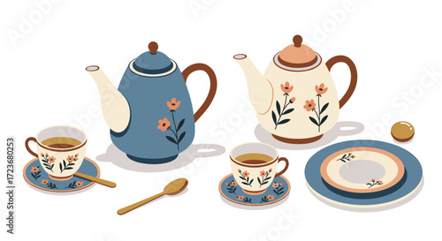Charming tea set with floral design in flat vintage style for elegant kitchen decor