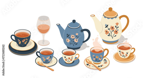 Floral teacups and teapots with wine glass in vintage style