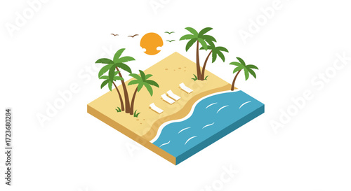 Isometric tropical beach scene with palms and ocean waves