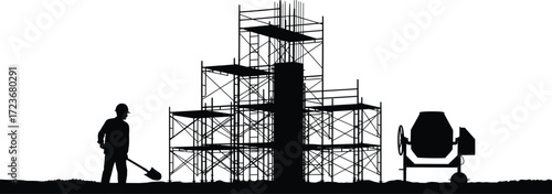Construction site silhouette with worker, scaffolding, concrete mixer, and rebar column in black for building and engineering themes