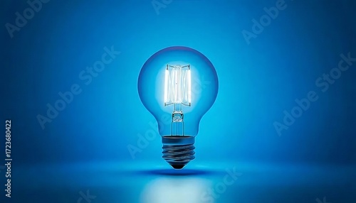 青い背景に輝く電球と