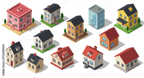 Diverse collection of isometric residential buildings on white background
