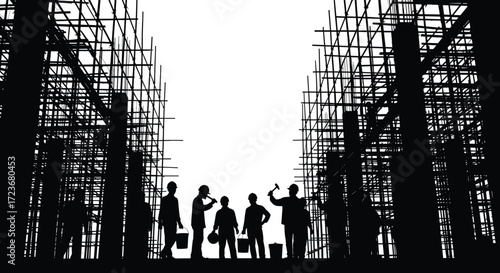 Construction site silhouette with workers, scaffolding corridor, and tools in black for teamwork, labor, and industrial building themes