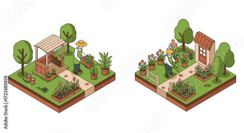 Charming garden isometric scenes with gardeners and lush greenery