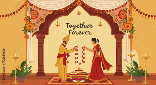Indian couple exchanging garlands in wedding ceremony decor with warmth  