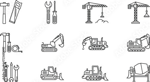 Black and white construction tool and machinery set with crane, bulldozer, excavator, cement mixer, robotic arm, and hand tools
