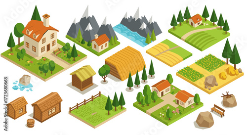 Isometric rural landscape set featuring houses, mountains, and farmlands