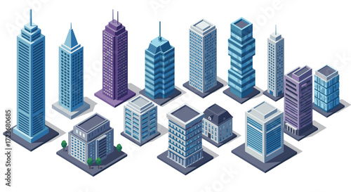 Isometric skyscrapers set: modern architecture and urban cityscape design