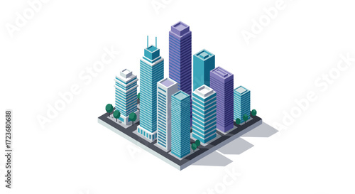 Isometric cityscape with modern skyscrapers and green spaces