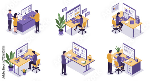 Isometric office scenes with professionals working at desks and analyzing data
