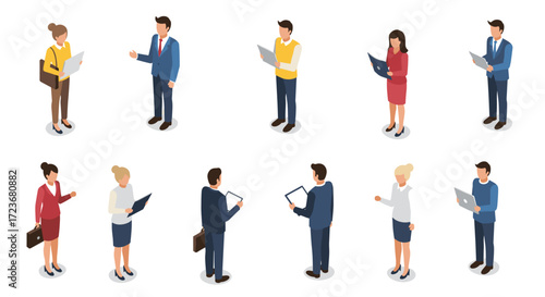 Isometric business people engaged in office activities with electronic devices