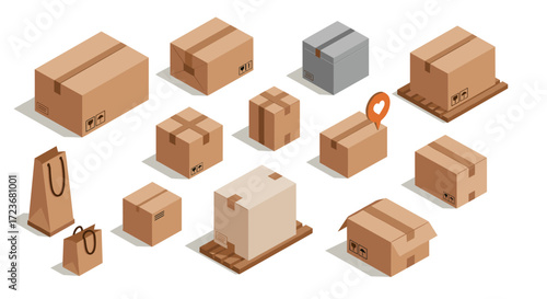 Isometric cardboard box collection with packaging icons and pallets
