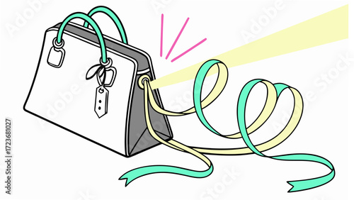 Whimsical cat illustration with playful ribbon, perfect for children's books or greeting cards, fun and lighthearted, originally a scalable vector graphic