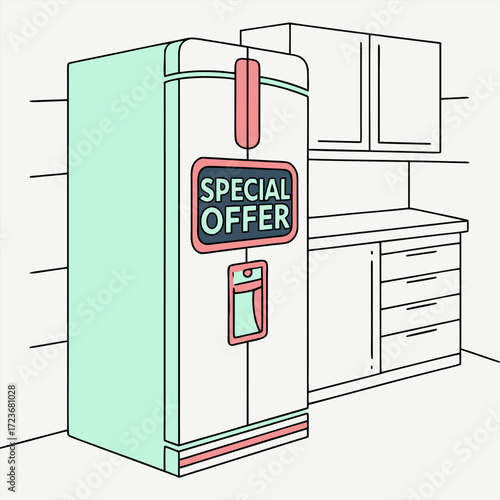 Retro refrigerator with special offer, perfect for kitchen appliance ads or vintage promotions, bringing a touch of nostalgia and style to your brand