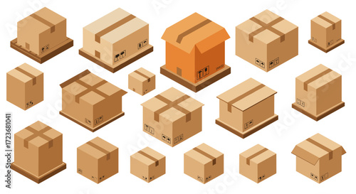 Isometric cardboard boxes collection on pallets for shipping and packaging
