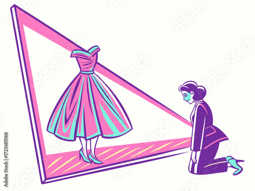 Elegant woman admires stunning retro dress on display, embodying fashion aspiration and classic style