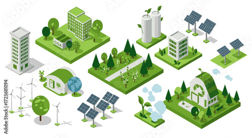 Eco-friendly isometric set of green buildings and renewable energy sources
