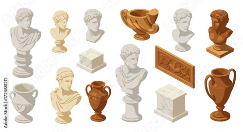 Classical marble busts and ancient vases in isometric style