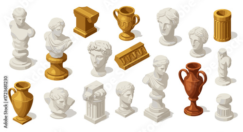 Classical sculpture collection featuring busts, columns, and vases in isometric style