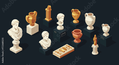 Isometric collection of classical sculptures and vases on pedestals