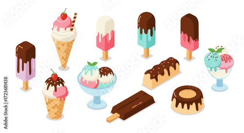 Delicious frozen treats in isometric style with assorted ice cream cones and popsicles
