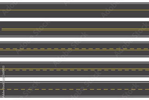 Black asphalt road texture background. Asphalt road texture set with yellow lines of different traffic lanes. Highway or race track background with tar or asphalt texture.