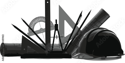 Architectural drafting tools illustration with hard hat, blueprints, compass, ruler, protractor, pens, and set squares for engineering themes