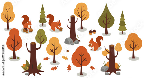 Autumn forest scene with squirrels and colorful trees in isometric style