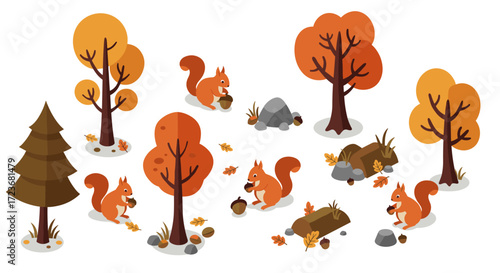 Autumn forest scene with squirrels gathering acorns among colorful fall trees and rocks