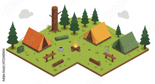 Isometric camping scene with tents and trees in a forested area