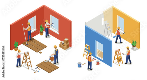 Home renovation scene with construction workers installing flooring and painting walls in isometric style