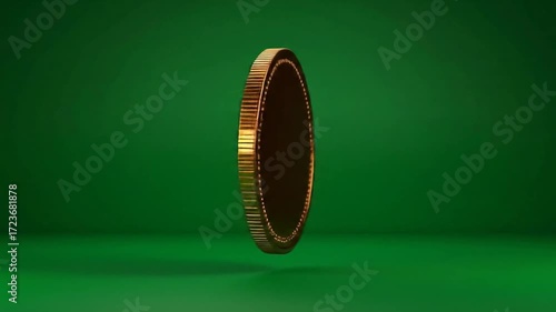Golden Coin Floating on Green Background, 3D Render