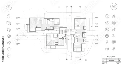 Architectural floor plan of residential complex with labeled grid, building sections, structural symbols, legend, and technical layout vector illustration